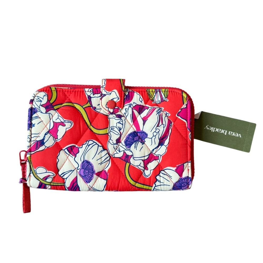 Vera Bradley Large Tab Wallet Swirling Poppies Floral Quilted Red 52529-21370